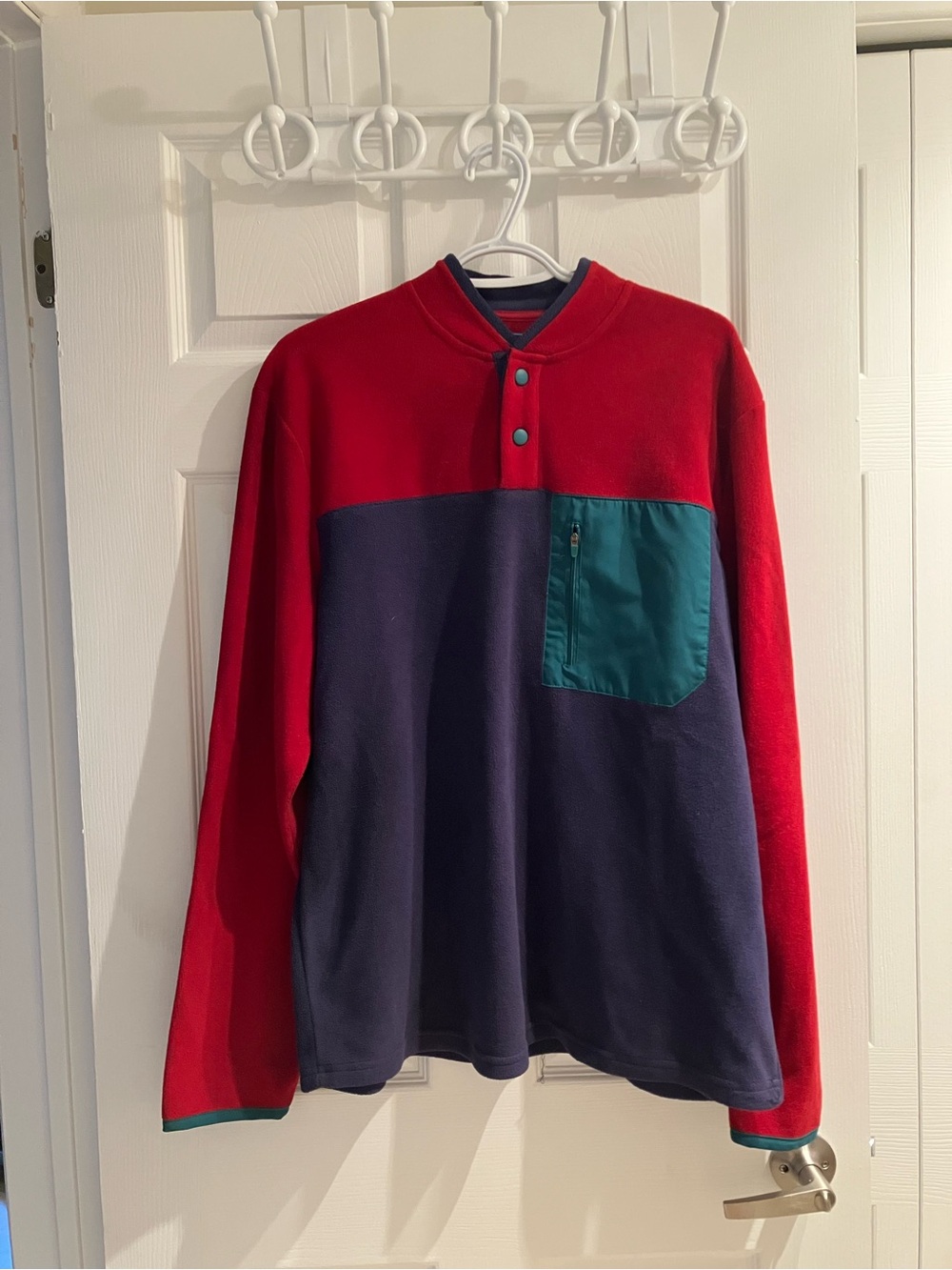 Colorblock Pullover Fleece- Red, Navy & Teal Pocket